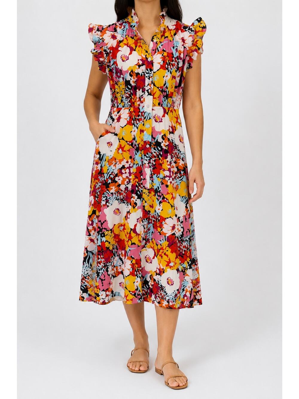 Gracia Women's Floral Tropical Ruffled Button Front Shirt Lined Dress Size S